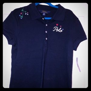 Girl’s navy Polo shirt with floral embroidery